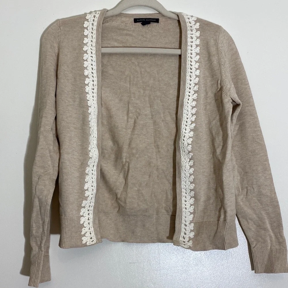 Banana Republic Tan Beige Cotton Knit Open Front Cardigan Lace Crochet Trim XS - Picture 8 of 14